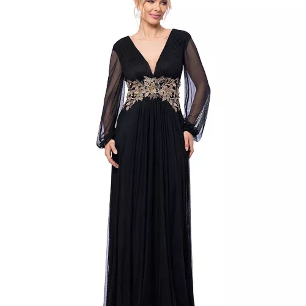 Betsy & Adam Black Gown with Gold Detailing